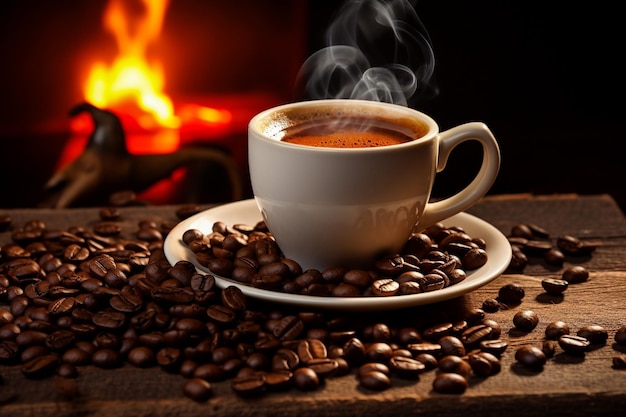 warm cup of coffee on brown background