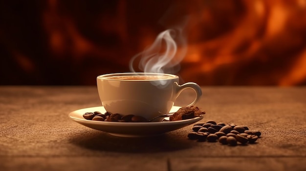 갈색 바탕에 따뜻한 커피 한 잔