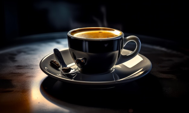 섬세한 도자기 접시 위 에 있는 따뜻한 커피 한 잔