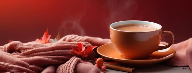 Теплая чашка кофе сидит на красном полотенце на столе.