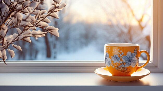 warm cup of coffee sitting on the window sill