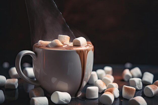 Warm cup of hot chocolate with marshmallows floating on the surface