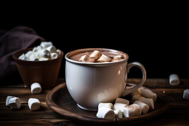 A warm cup of hot chocolate with marshmallows ready to be enjoyed by a cozy fire