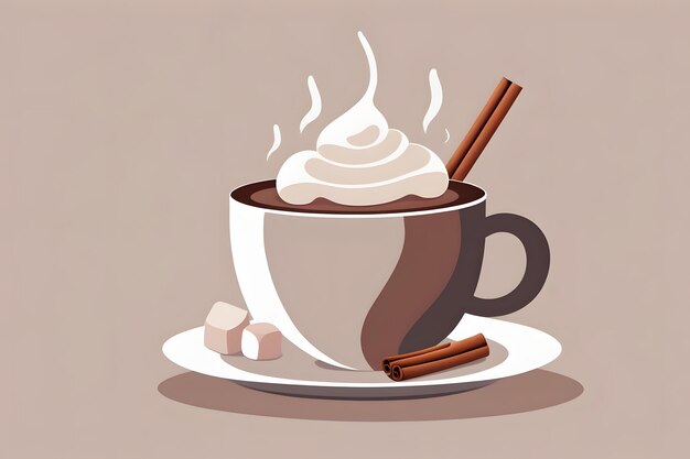 Photo warm cup of hot chocolate with whipped cream and cinnamon sticks on plate