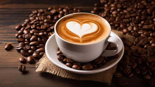 Foto una tazza calda di latte con un'arte a forma di cuore in cima circondata da chicchi di caffè arrostiti