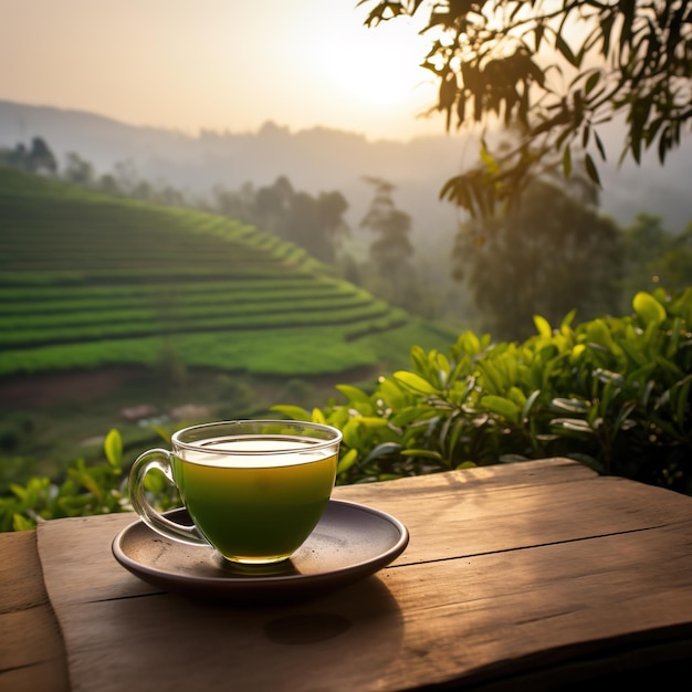 Warm cup of tea and organic green tea eaf on wooden table