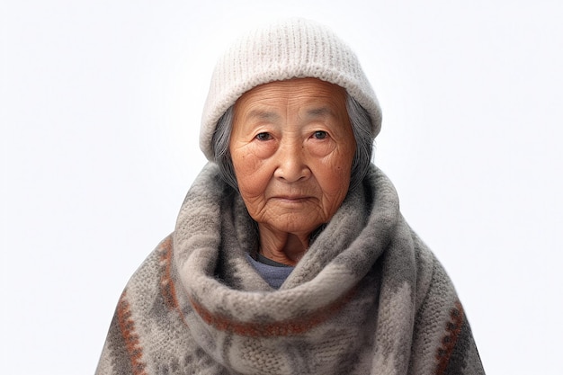 흰색 배경에 니트 목도리를 입은 따뜻한 중국 노인 여성