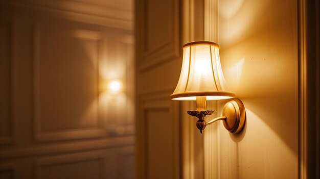 Warm Elegance Illuminated golden wall lamp casting a cozy glow in an empty room closeup