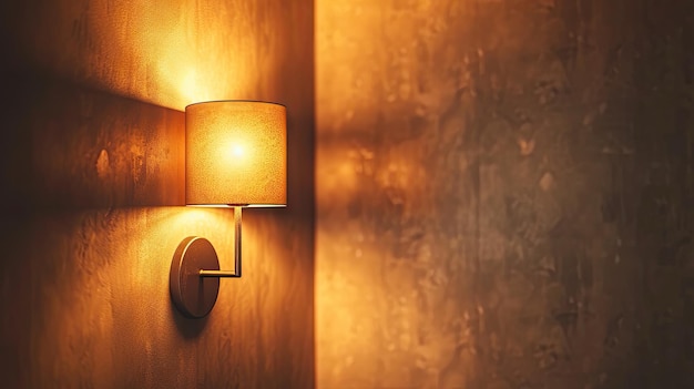Warm Elegance Illuminated golden wall lamp casting a cozy glow in an empty room closeup
