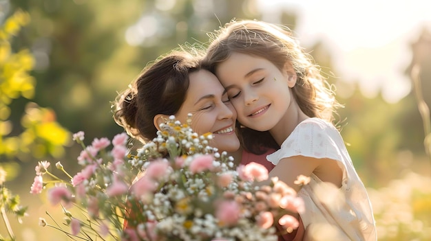 Warm embrace between mother and daughter in golden hour light tender family moment with flowers soft focus lifestyle portrait AI