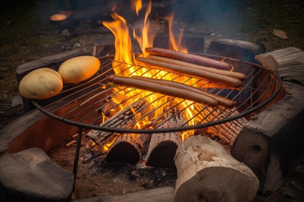 Warm en geroosterd kampvuur met sissende hotdogs die koken boven de vlammen gecreëerd met generatieve AI