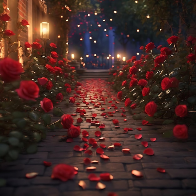Теплая вечерняя атмосфера с дорожкой, украшенной аккуратно расположенными лепестками красных роз.