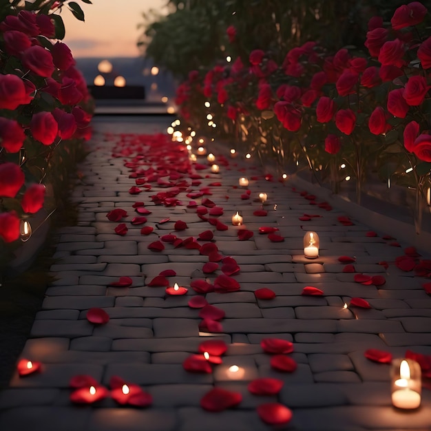 整然と並んだ赤いバラの花びらで飾られた小道があり、暖かい夜の雰囲気