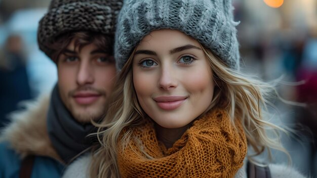 Warm gekleed jong stel dat geniet van een winteruitje glimlachend stijlvol duo in koud weerkleding AI