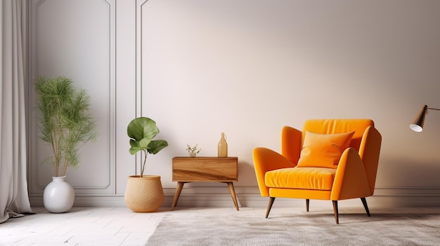 Warm getinte woonkamer binnenmuur mockup met een gele fauteuil en een achtergrond van een witte muur kleurcorrectie Generatieve AI