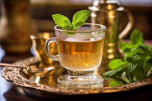 A warm glass of Middle Eastern mint tea symbolizing hospitality and tranquility