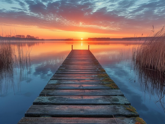 The warm glow of dawn bathes a lakeside jetty with serene waters and reeds framing the rising sun