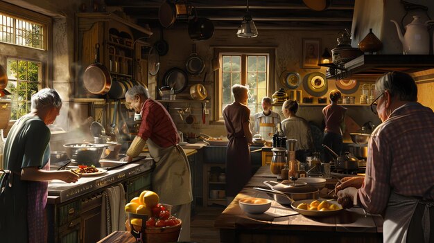 Photo the warm glow of the kitchen is a welcome sight on a cold winter day the family is gathered around the stove cooking and laughing