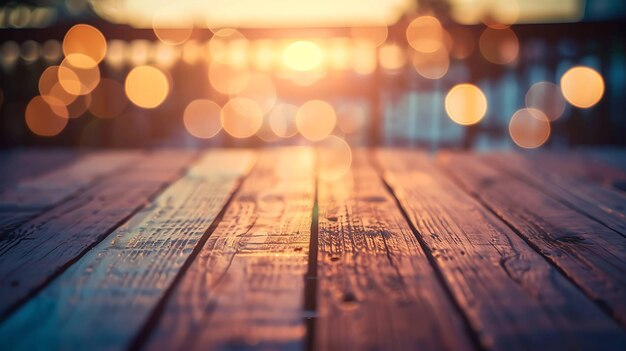 The warm glow of the setting sun casts a golden hue on the wooden deck creating a tranquil and inviting atmosphere