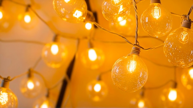 Warm glowing string lights against a yellow background with a closeup on the illuminated filament bulbs