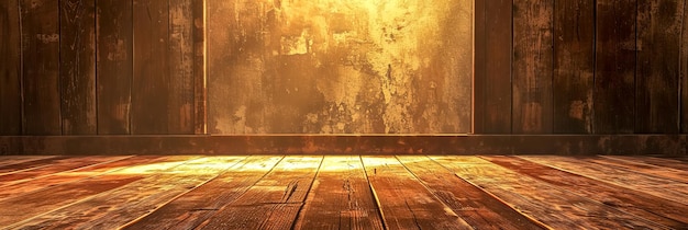 소박한 나무 바닥과 풍화된 벽을 통해 흐르는 따뜻한 황금빛 햇빛이