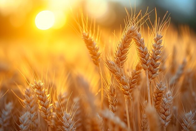 A warm golden hour image of a wheat field with ripe wheat ears in the foreground