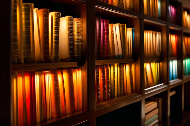 Warm golden light highlights colorful book spines as camera pans from top to bottom