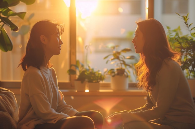 Warm golden sunlight bathes a compassionate therapy discussion highlighting mental health support AI