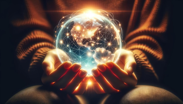Foto mani calde che tengono con tenerezza un globo luminoso su uno sfondo di maglieria scura che raffigura la cura e la connessione globale