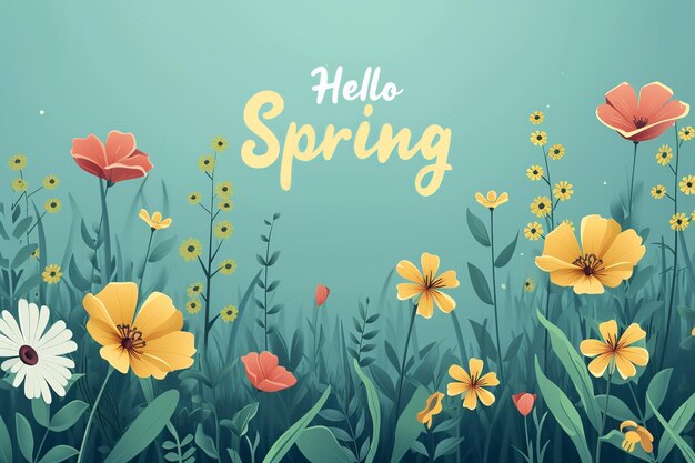 Photo warm hello spring message floating on a breeze of yellow and red wildflowers