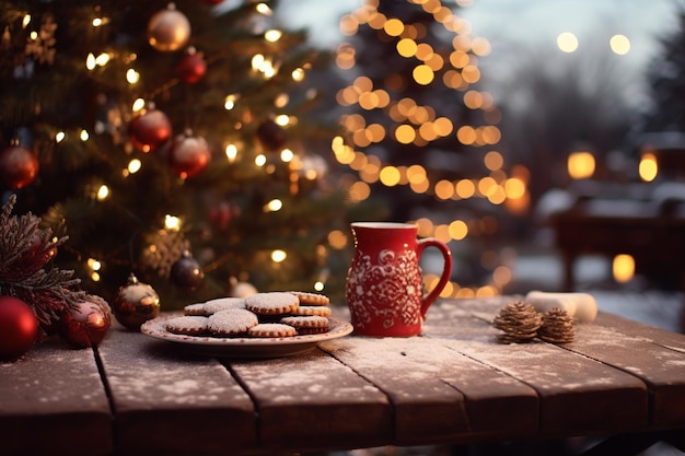 Warm Holiday Ambiance Cocoa Cookies and a Majestic Christmas Tree Softly Illuminated in the Backg