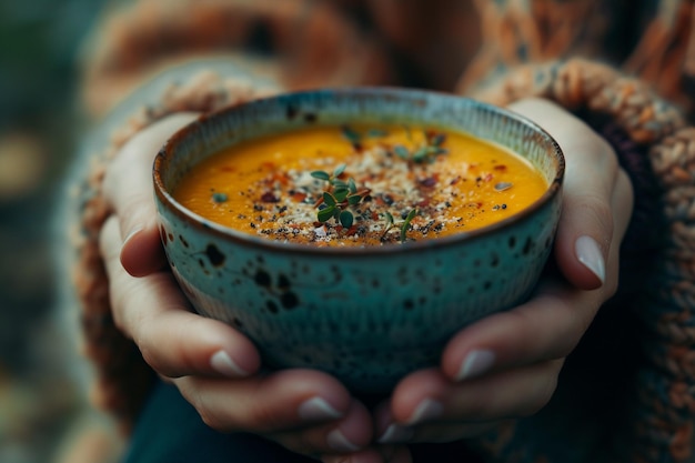 Warm Homemade Pumpkin Soup in Hands with AI generated