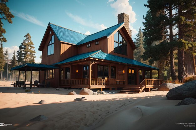 写真 森の川の家のデザインの背景にあるモダンなヴィラデザインの丸太小屋の暖かい家