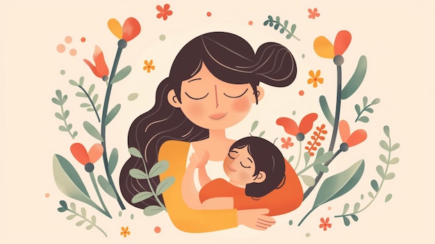 Warm illustration of a mother gently holding her child amidst a floral background