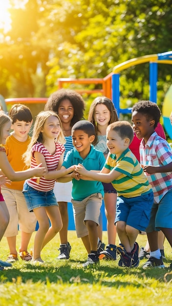 Warm interracial group of kids girls and boys playing together at the park in summer day