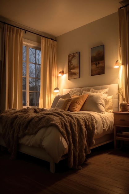 Warm inviting bedroom with soft lighting and linens created with generative ai