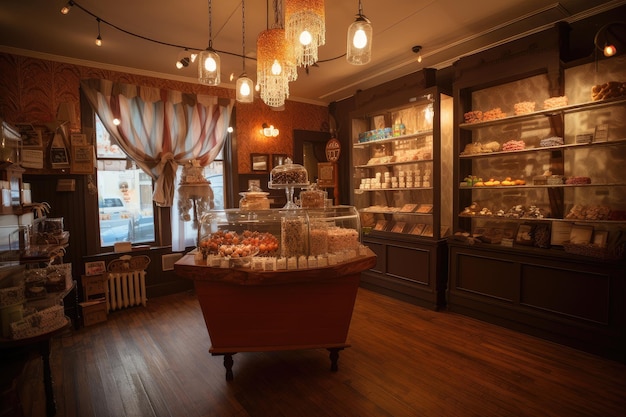 Foto negozio di caramelle caldo e invitante con pavimenti in legno, lampadari e accenti vintage