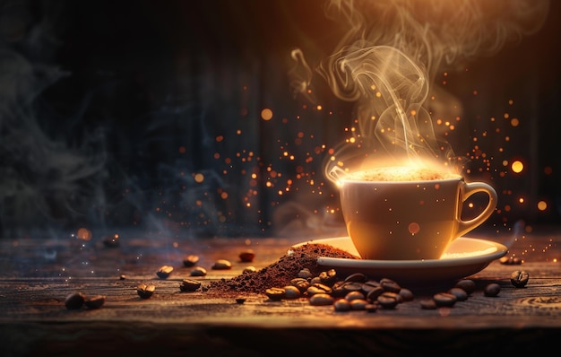 温かいコーヒーカップが,ボケの光の背景に散らばったコーヒー豆の真ん中に,田舎の木製のテーブルで蒸気を放出します
