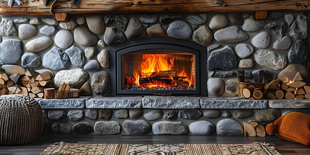 Photo warm and inviting fireplace framed by rustic stone wall interior decor concept fireplace decor stone wall design cozy interior rustic home decor