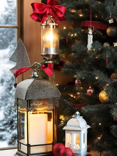 A warm inviting glow of a vintage lantern casts a festive light on a classic holiday scene