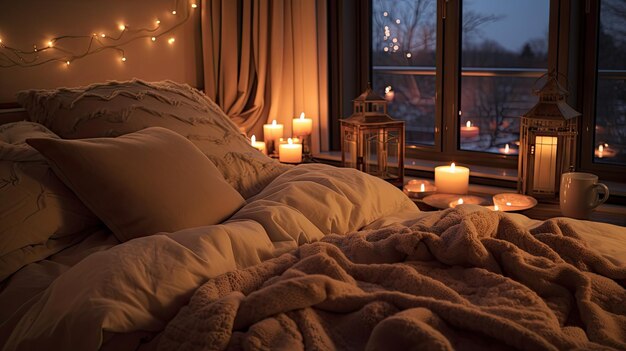 Warm and inviting home with a brown blanket on the bed and cozy lights