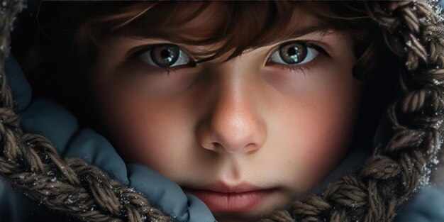 Warm inviting image of a boy in a hooded coat focusing on facial details AI generative