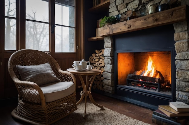 Warm inviting living room with fireplace and snow