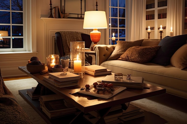 Warm and inviting living room with plush seating candles and books