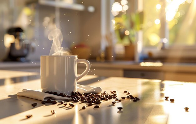 A warm inviting photo capturing a steaming cup of coffee surrounded by scattered coffee beans on a kitchen counter during golden hour