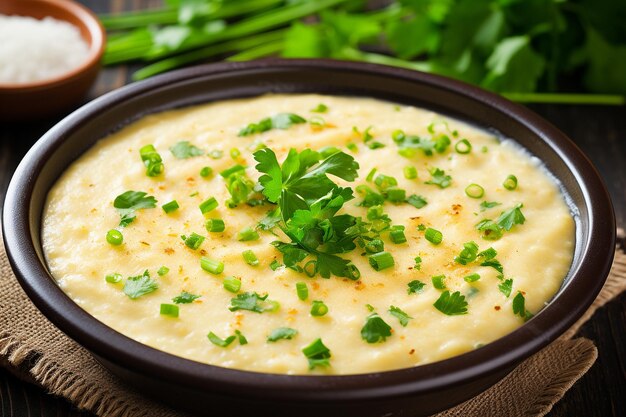 A warm inviting photo of a corn chowder soup bowl on a cold day