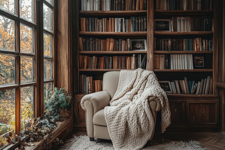Photo a warm and inviting reading nook featuring a mocha mousse armchair wooden bookshelves filled with books and a soft knit blanket draped over the side for added comfort
