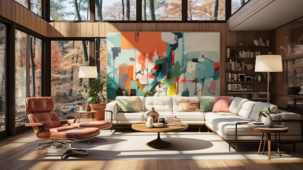 Photo a warm inviting scene of a living room in the bauhaus style created with generative ai