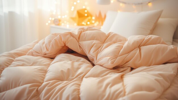 写真 ベッドに横たわっている暖かい象牙の毛布