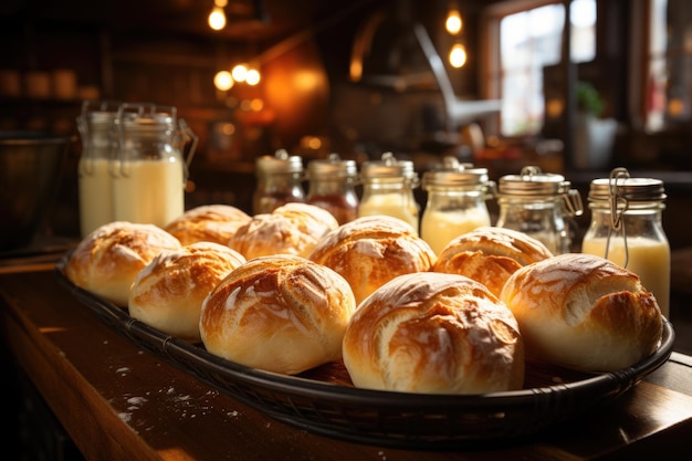 Warm kaasbrood in een traditionele bakkerij in Belo Horizonte met verse koffie generatieve IA